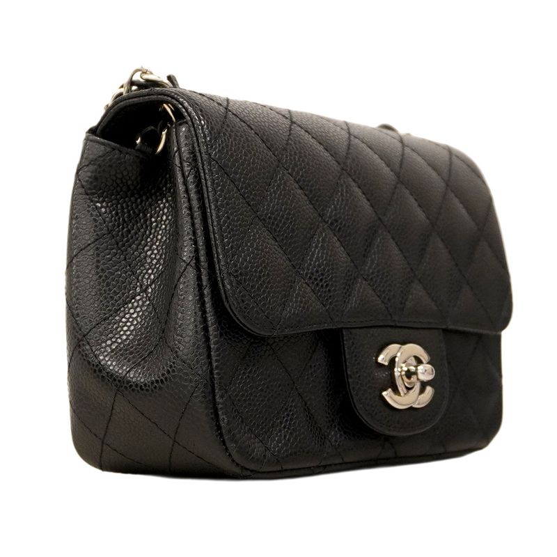 Chanel Shoulder Bag Mini Matelasse Caviar Skin Black Silver Hardware Women