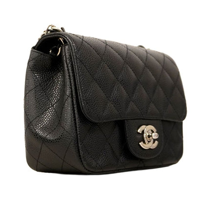 Chanel Shoulder Bag Mini Matelasse Caviar Skin Black Silver Hardware Women
