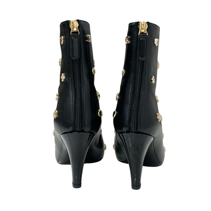 Chanel Boots Short Boots Shoes Leather Patent Black Gold Here Mark Icon Logo