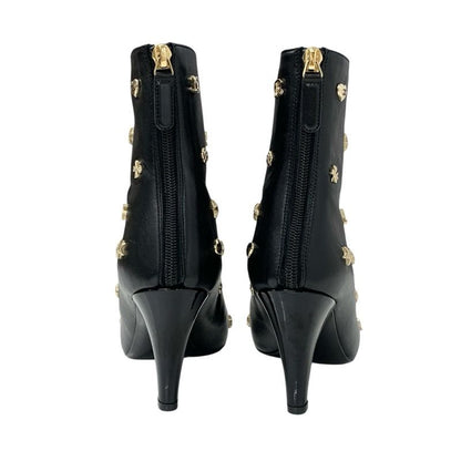 Chanel Boots Short Boots Shoes Leather Patent Black Gold Here Mark Icon Logo