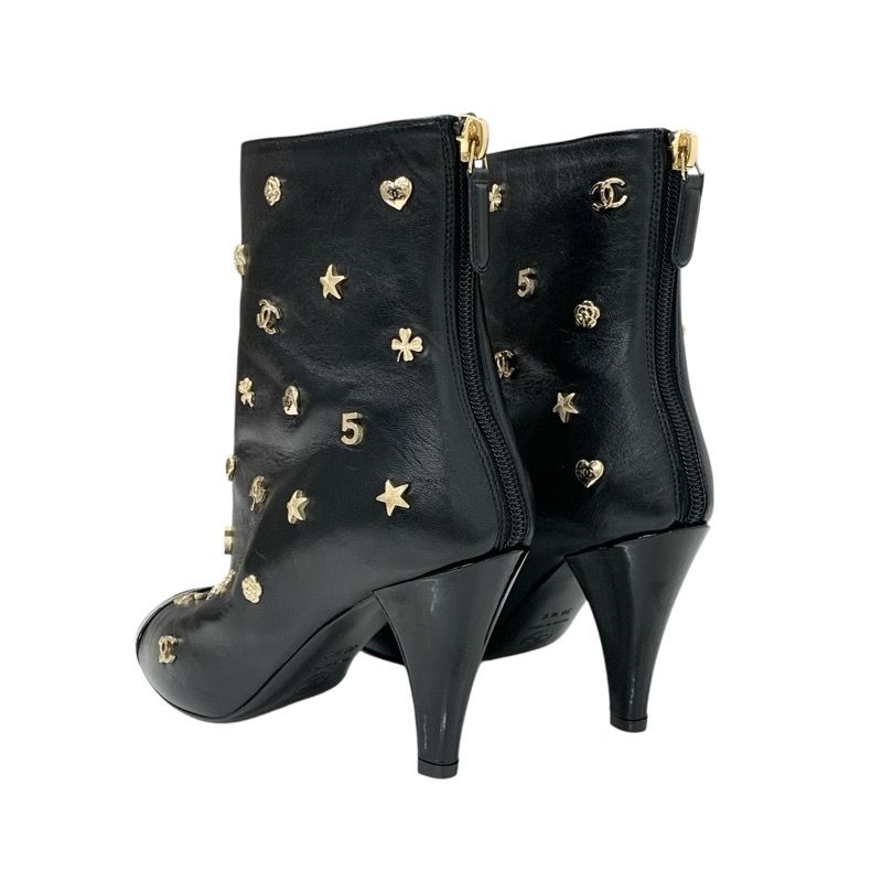 Chanel Boots Short Boots Shoes Leather Patent Black Gold Here Mark Icon Logo
