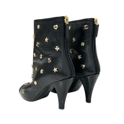 Chanel Boots Short Boots Shoes Leather Patent Black Gold Here Mark Icon Logo