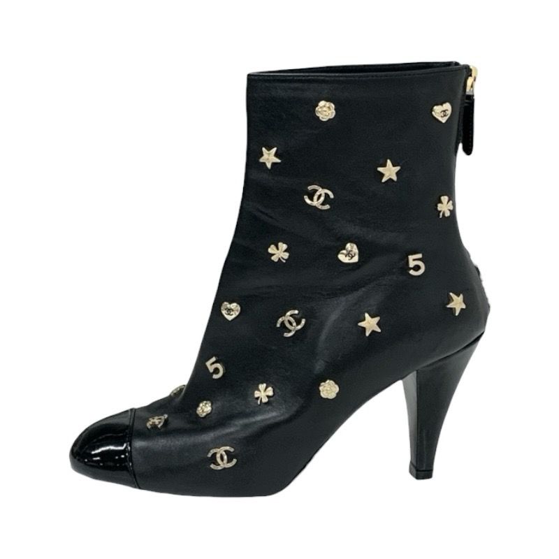 Chanel Boots Short Boots Shoes Leather Patent Black Gold Here Mark Icon Logo