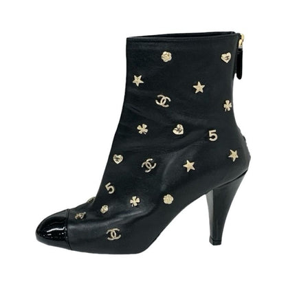 Chanel Boots Short Boots Shoes Leather Patent Black Gold Here Mark Icon Logo