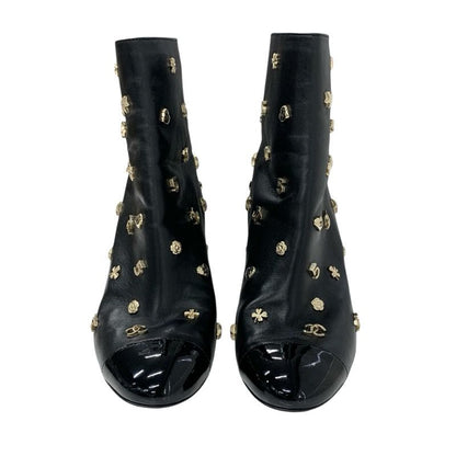 Chanel Boots Short Boots Shoes Leather Patent Black Gold Here Mark Icon Logo