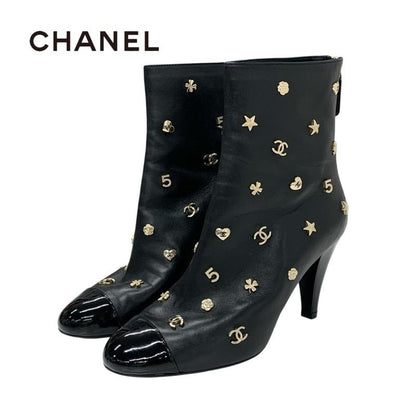 Chanel Boots Short Boots Shoes Leather Patent Black Gold Here Mark Icon Logo