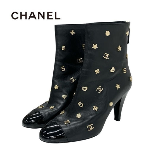 Chanel Boots Short Boots Shoes Leather Patent Black Gold Here Mark Icon Logo