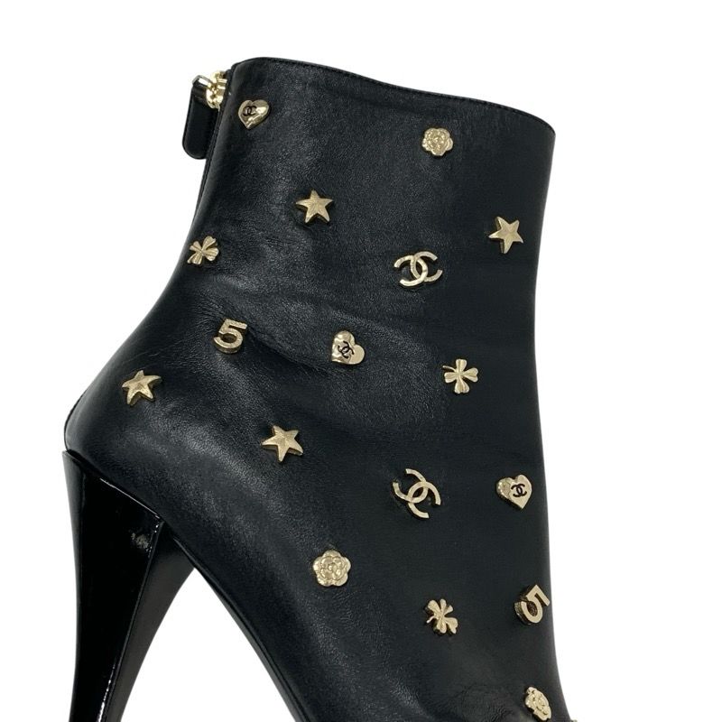 Chanel Boots Short Boots Shoes Leather Patent Black Gold Here Mark Icon Logo