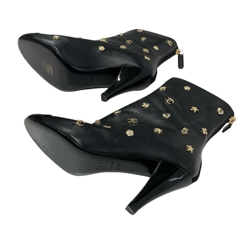 Chanel Boots Short Boots Shoes Leather Patent Black Gold Here Mark Icon Logo