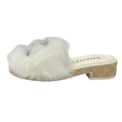 Chanel Sandals Shoes Fur White Black Coco Mark Mules