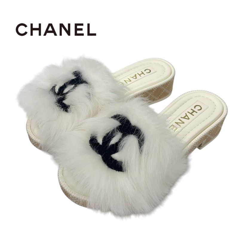 Chanel Sandals Shoes Fur White Black Coco Mark Mules