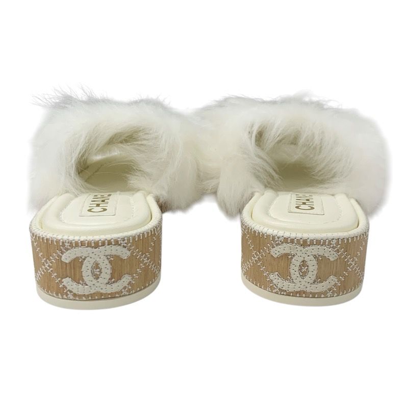 Chanel Sandals Shoes Fur White Black Coco Mark Mules