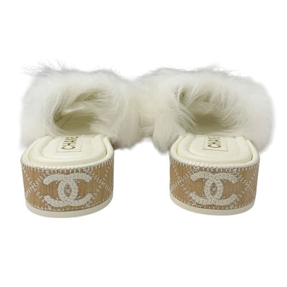 Chanel Sandals Shoes Fur White Black Coco Mark Mules