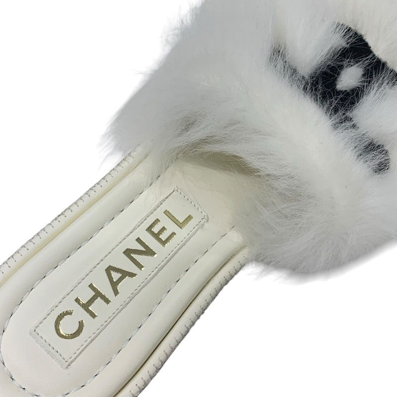 Chanel Sandals Shoes Fur White Black Coco Mark Mules