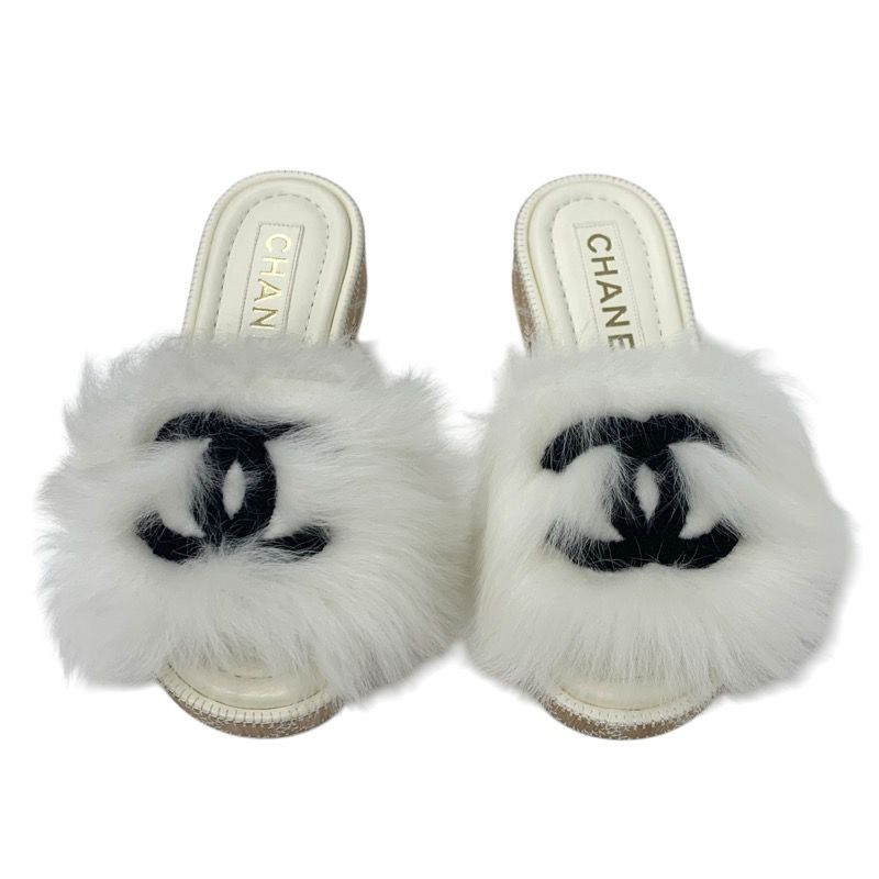 Chanel Sandals Shoes Fur White Black Coco Mark Mules