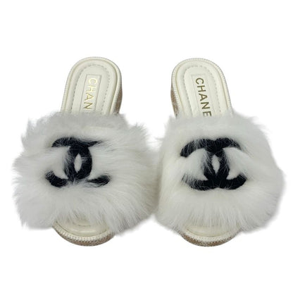 Chanel Sandals Shoes Fur White Black Coco Mark Mules