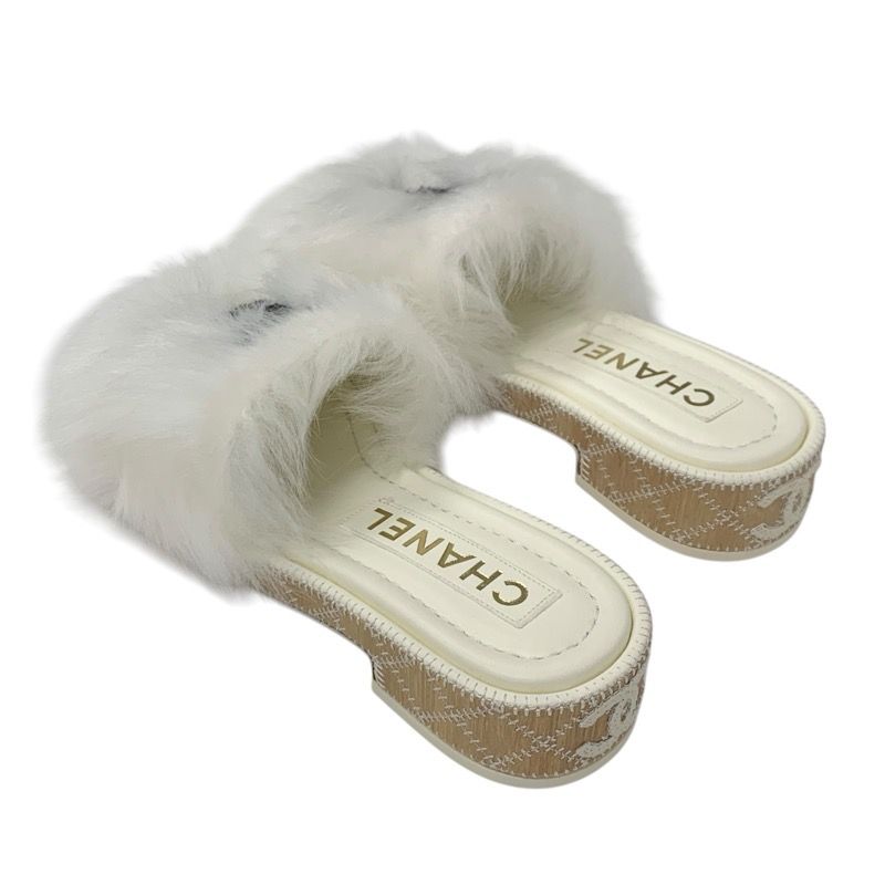 Chanel Sandals Shoes Fur White Black Coco Mark Mules