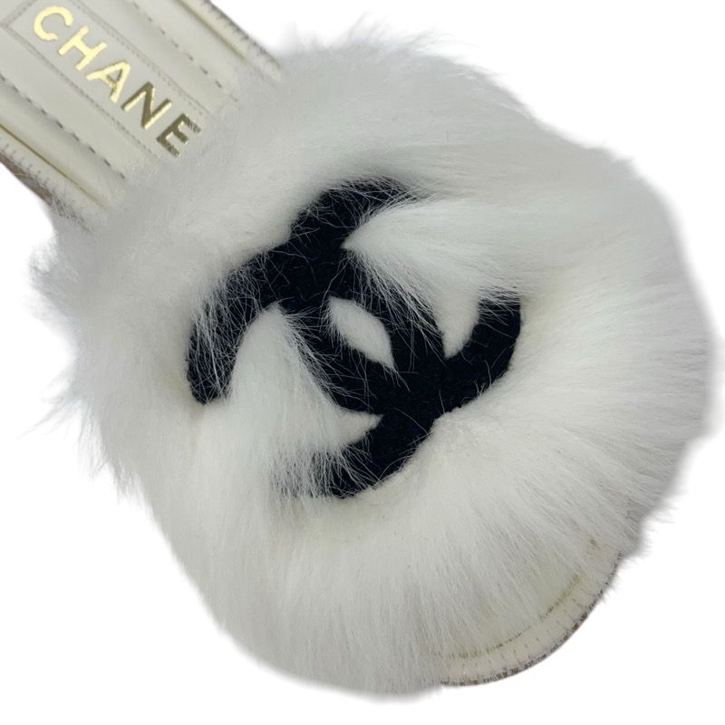Chanel Sandals Shoes Fur White Black Coco Mark Mules