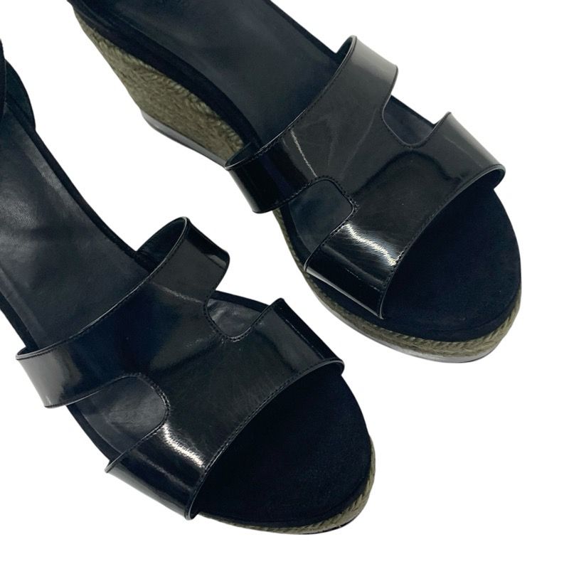 Hermes Ilana Sandals Shoes Patent Suede Black Wedge Sole Strap