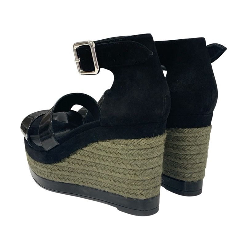Hermes Ilana Sandals Shoes Patent Suede Black Wedge Sole Strap