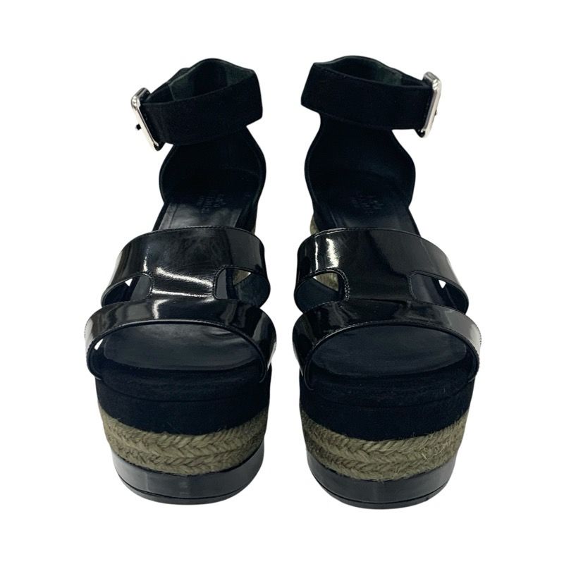 Hermes Ilana Sandals Shoes Patent Suede Black Wedge Sole Strap