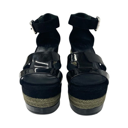Hermes Ilana Sandals Shoes Patent Suede Black Wedge Sole Strap