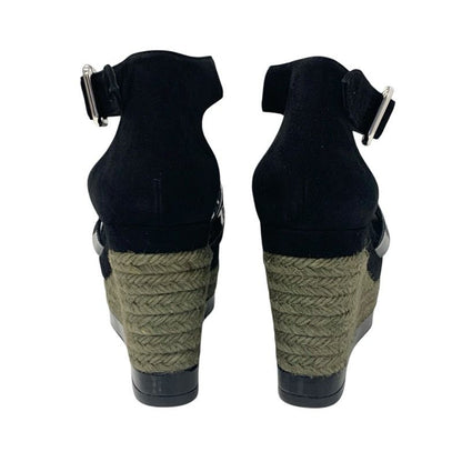 Hermes Ilana Sandals Shoes Patent Suede Black Wedge Sole Strap