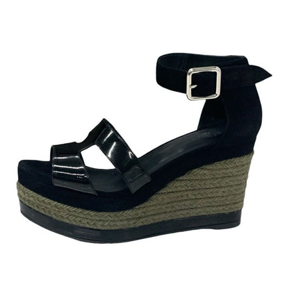 Hermes Ilana Sandals Shoes Patent Suede Black Wedge Sole Strap