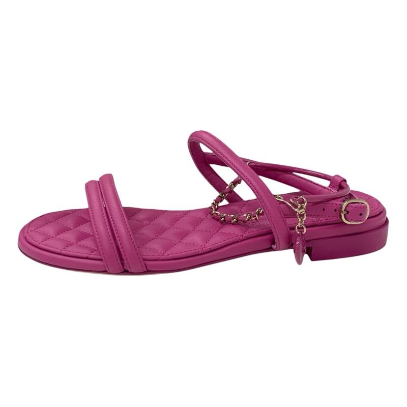 Chanel Sandals Shoes Leather Pink Gold Matelasse Coco Mark Heart Chain Strap