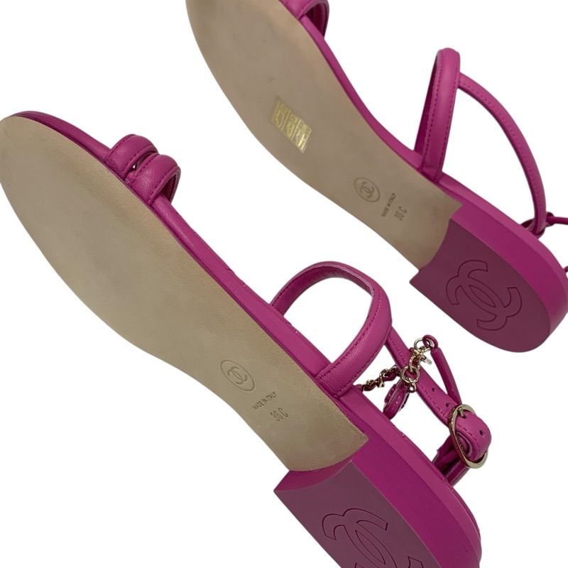 Chanel Sandals Shoes Leather Pink Gold Matelasse Coco Mark Heart Chain Strap