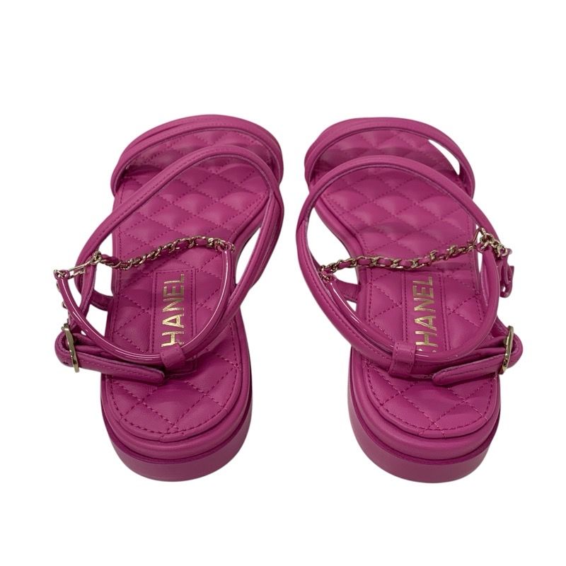 Chanel Sandals Shoes Leather Pink Gold Matelasse Coco Mark Heart Chain Strap