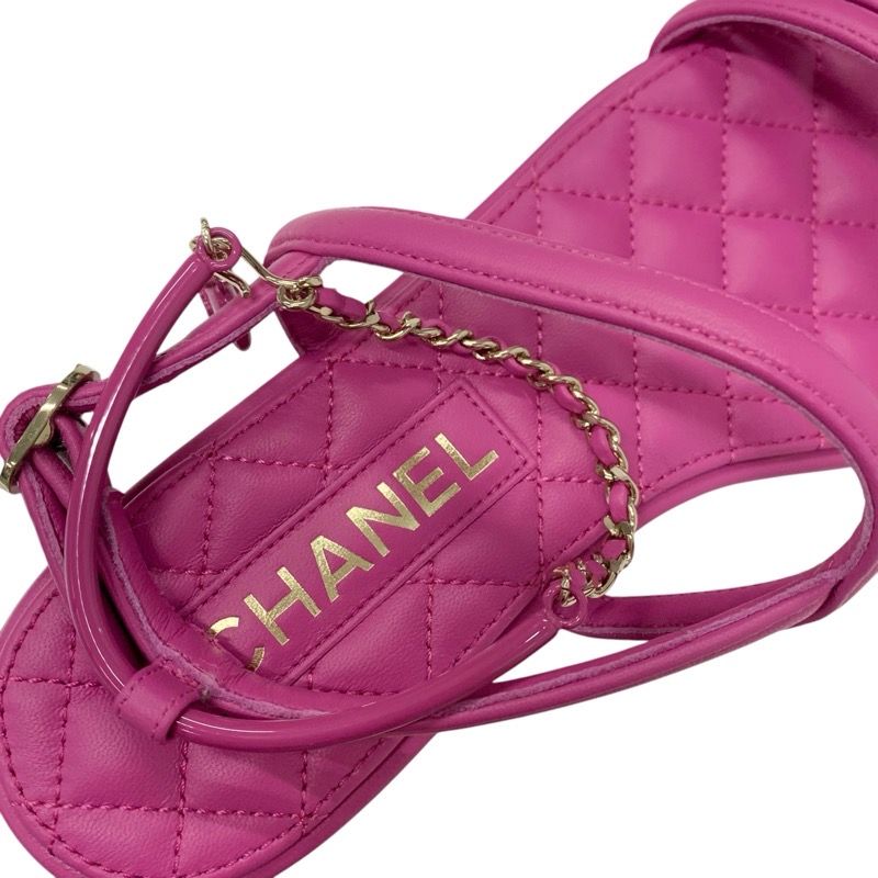 Chanel Sandals Shoes Leather Pink Gold Matelasse Coco Mark Heart Chain Strap
