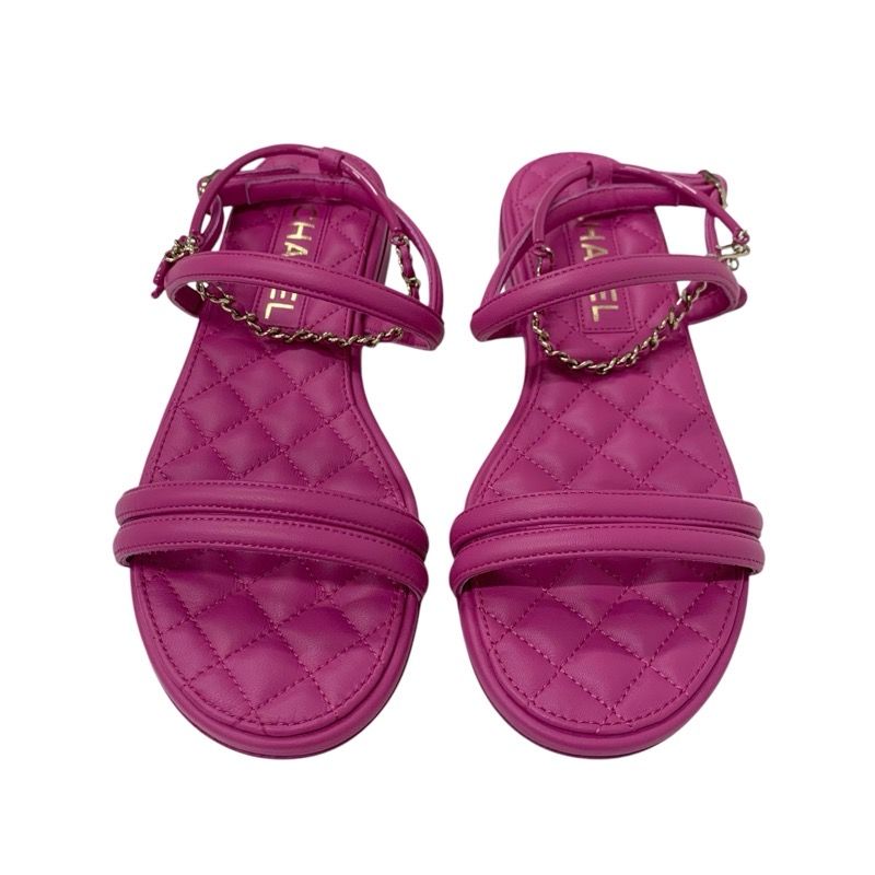 Chanel Sandals Shoes Leather Pink Gold Matelasse Coco Mark Heart Chain Strap