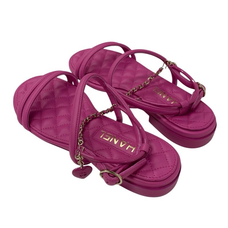 Chanel Sandals Shoes Leather Pink Gold Matelasse Coco Mark Heart Chain Strap
