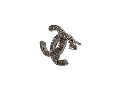 Chanel CC Logo Earrings Rhinestone Metal Clear Silver — view 3