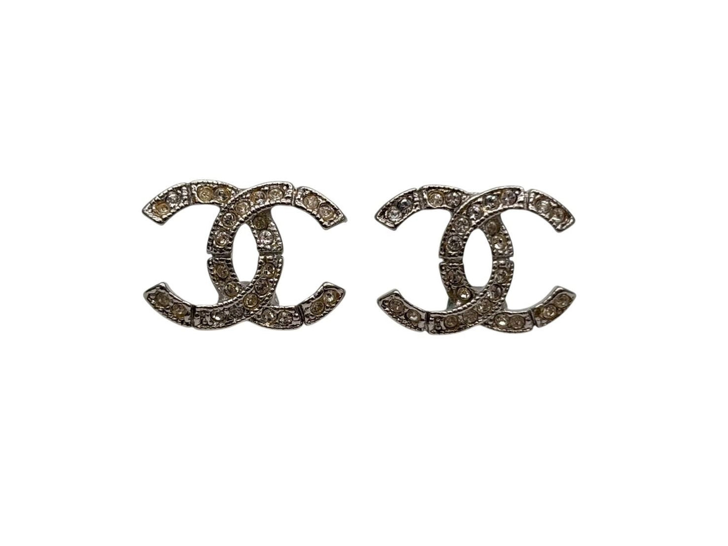 Chanel CC Logo Earrings Rhinestone Metal Clear Silver — view 2