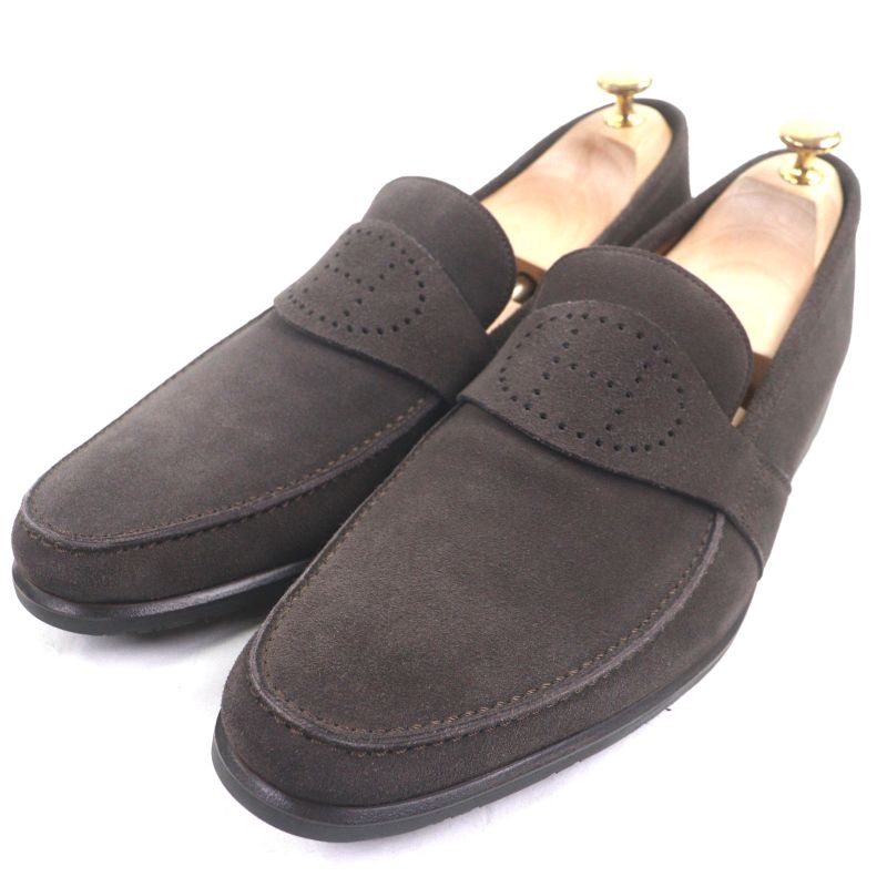 Hermes Evelyn Perforated H Logo Suede Leather Shoes Loafers Dark Brown 43.5