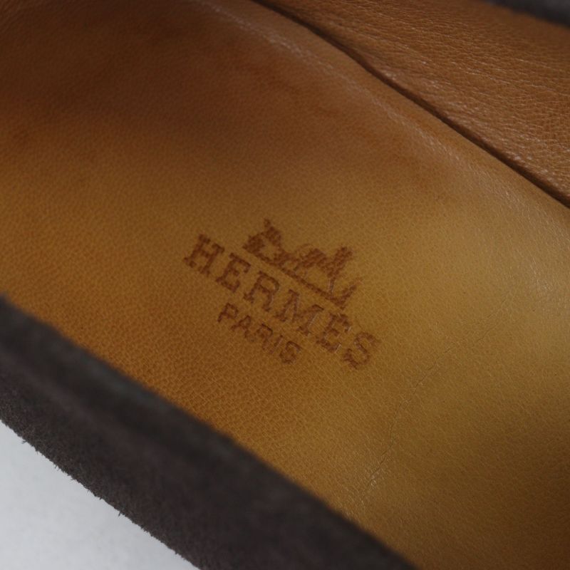 Hermes Evelyn Perforated H Logo Suede Leather Shoes Loafers Dark Brown 43.5
