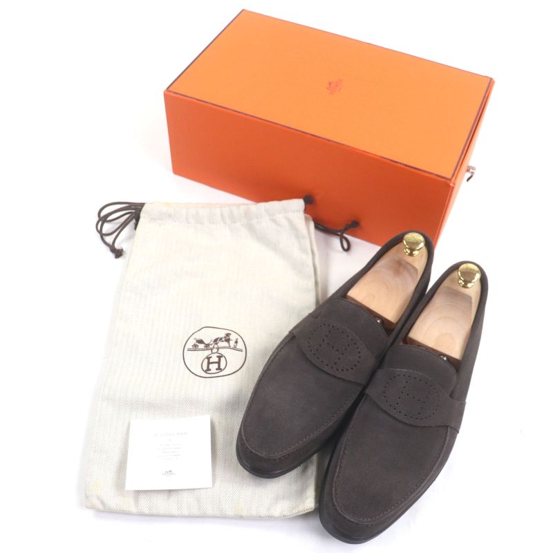 Hermes Evelyn Perforated H Logo Suede Leather Shoes Loafers Dark Brown 43.5