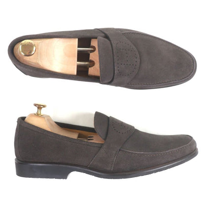 Hermes Evelyn Perforated H Logo Suede Leather Shoes Loafers Dark Brown 43.5