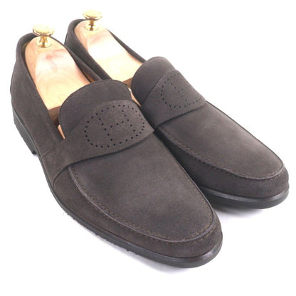 Hermes Evelyn Perforated H Logo Suede Leather Shoes Loafers Dark Brown 43.5