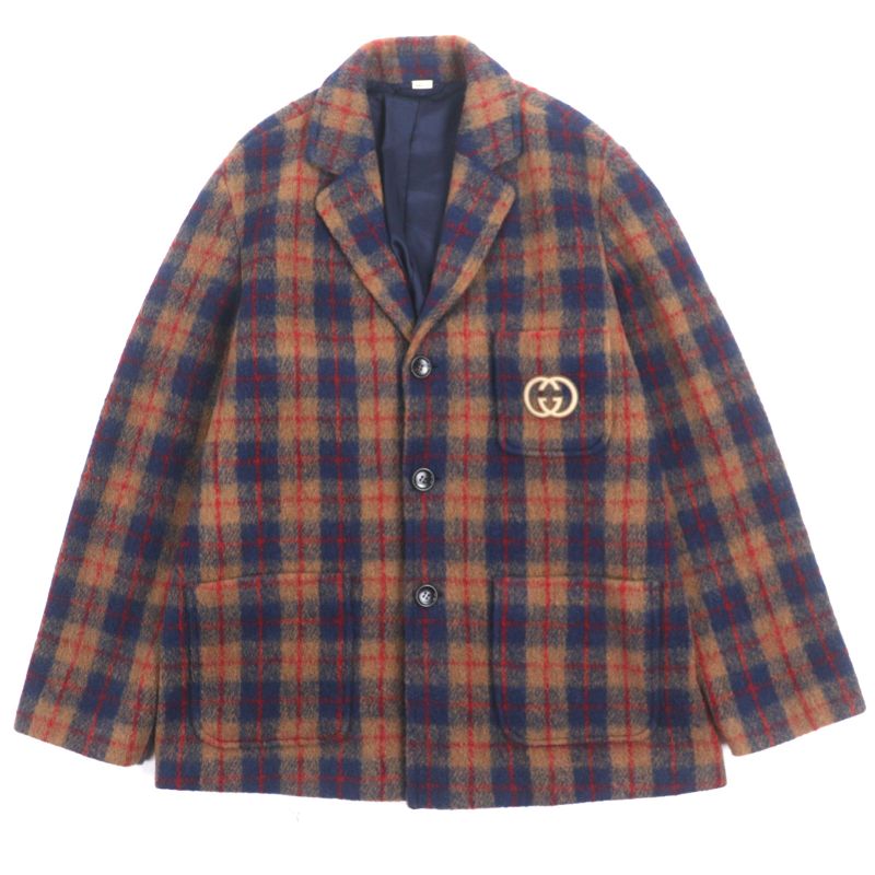 Gucci 770761 70% Wool Interlocking G Patch Checked Single Jacket Tailored