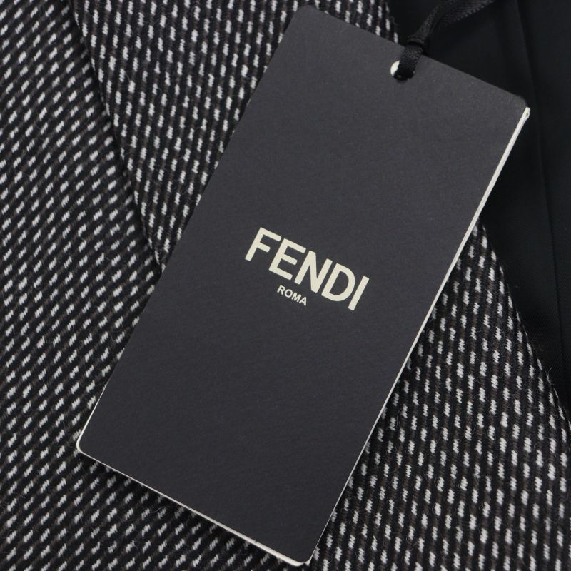 Fendi Ff0289 100% Wool Woven Pattern Logo Buttons Single Chester Coat Black 44