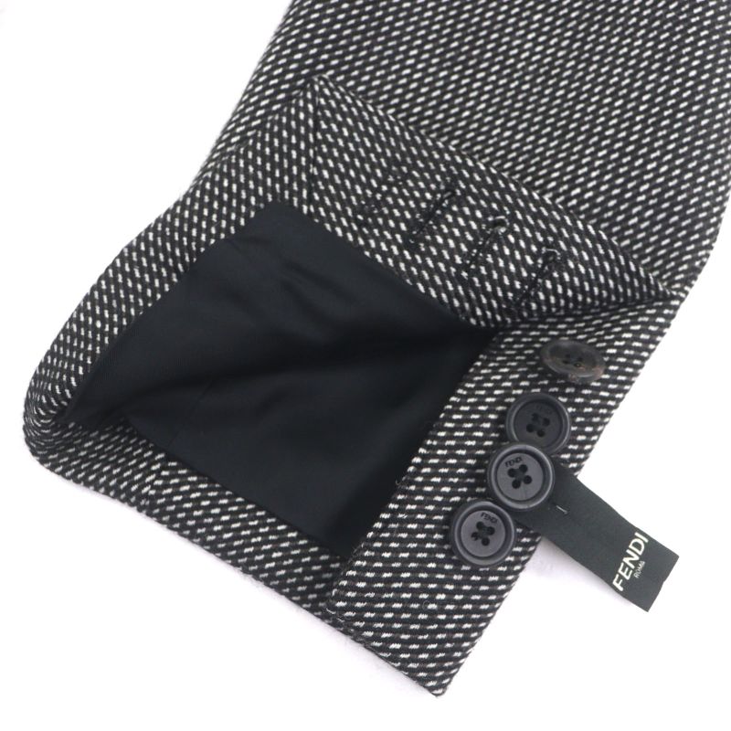 Fendi Ff0289 100% Wool Woven Pattern Logo Buttons Single Chester Coat Black 44