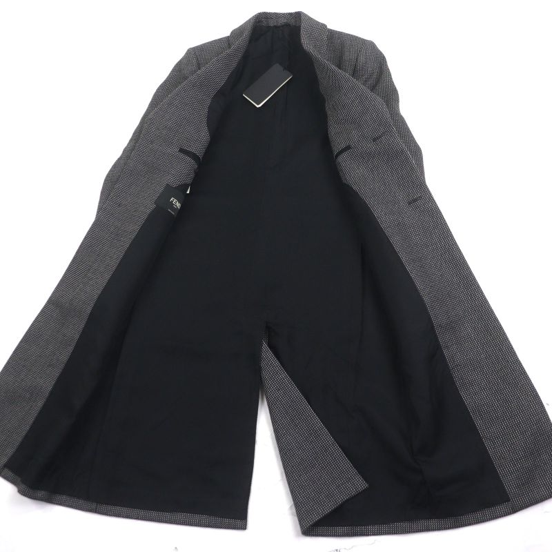 Fendi Ff0289 100% Wool Woven Pattern Logo Buttons Single Chester Coat Black 44