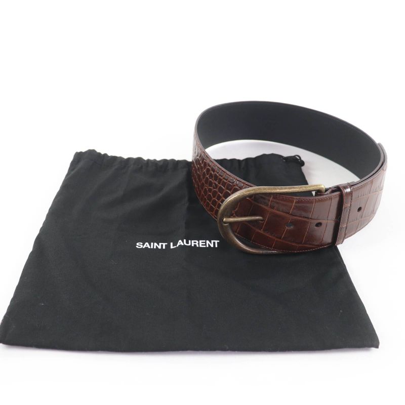 Saint Laurent Grz619783 Logo Croc Shape Pressed Leather Belt Brown 65 Storage