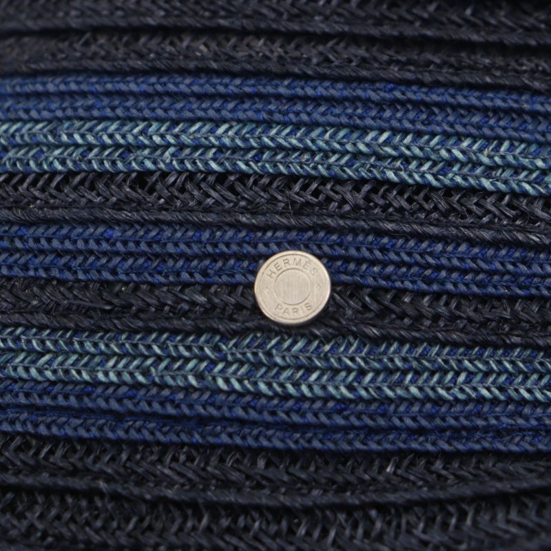 Hermes Raffia Serie Button Medium Fold Hat Straw Hat Navy Blue 58 Made In Italy