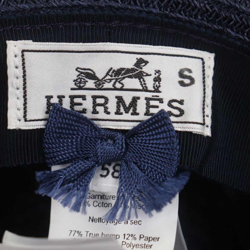 Hermes Raffia Serie Button Medium Fold Hat Straw Hat Navy Blue 58 Made In Italy