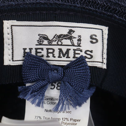 Hermes Raffia Serie Button Medium Fold Hat Straw Hat Navy Blue 58 Made In Italy