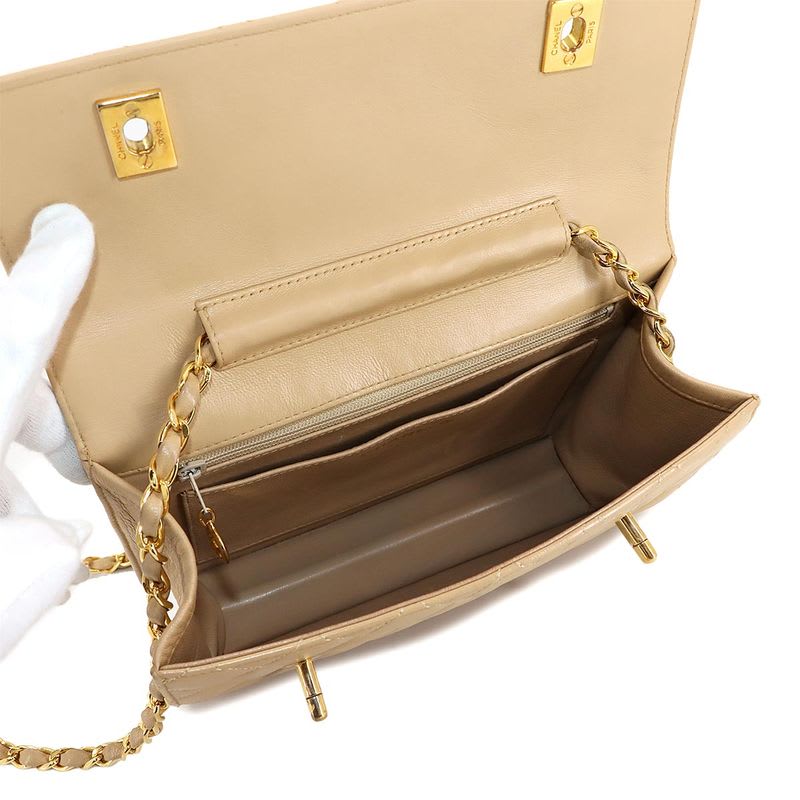 Chanel Chanel Quilted Double Turnlock 2-Way Hand Chain Shoulder Bag Lambskin Beige
